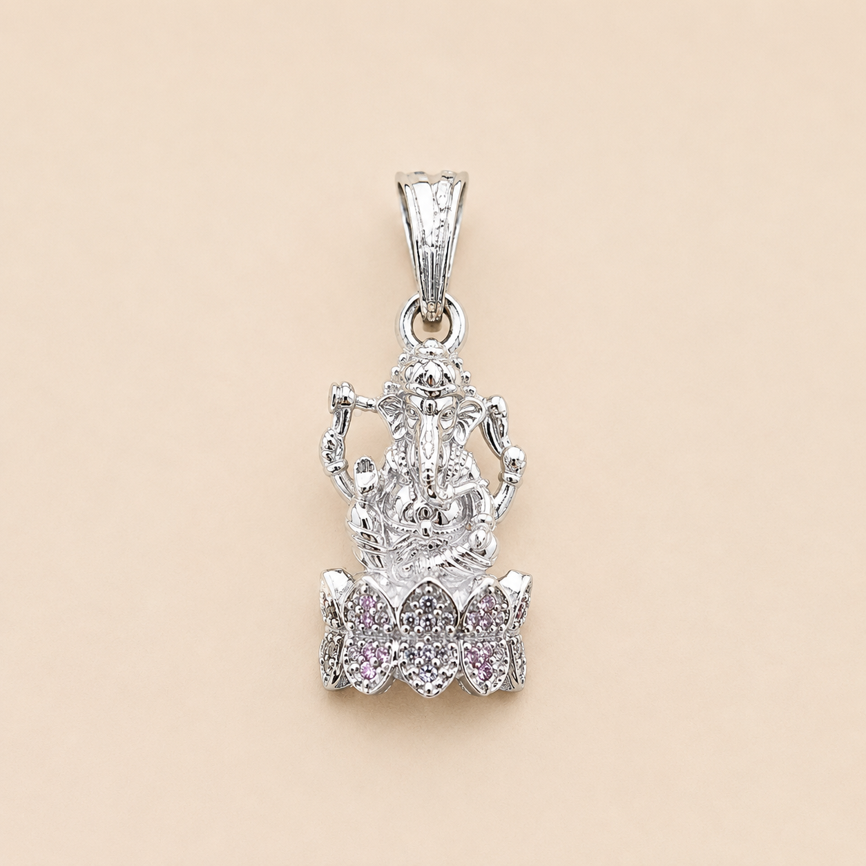 Silver Ganesh ji Pendant | Light Pink Stones
