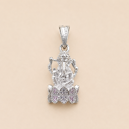 Silver Ganesh ji Pendant | Light Pink Stones