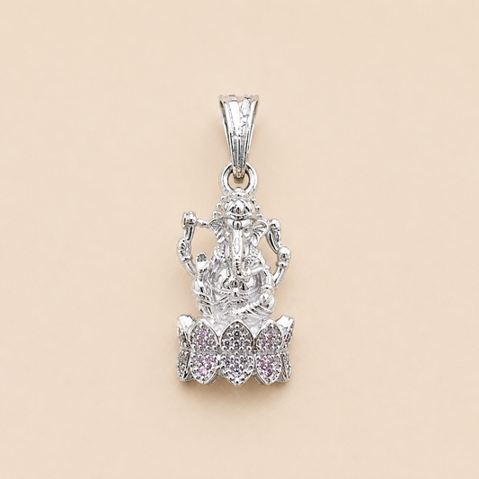 Silver Ganesh ji Pendant | Light Pink Stones