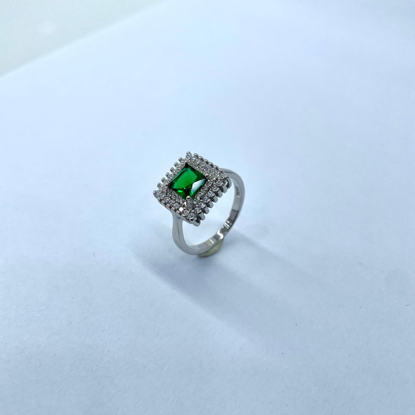 92.5 Pure Silver Halo Ring Green Square