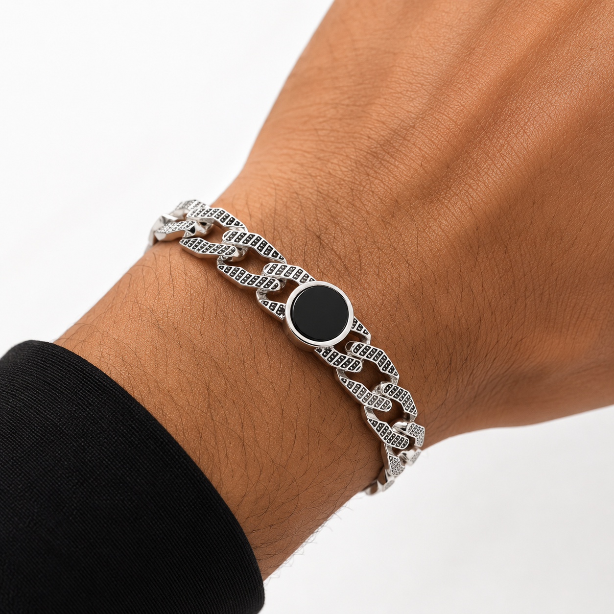 Silver Oxidised Men Bracelet with Round Black Stone
