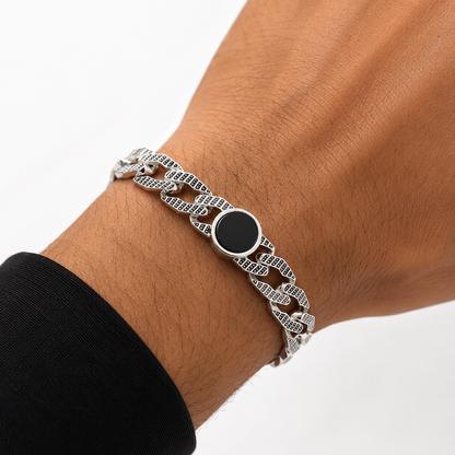 Silver Oxidised Men Bracelet with Round Black Stone