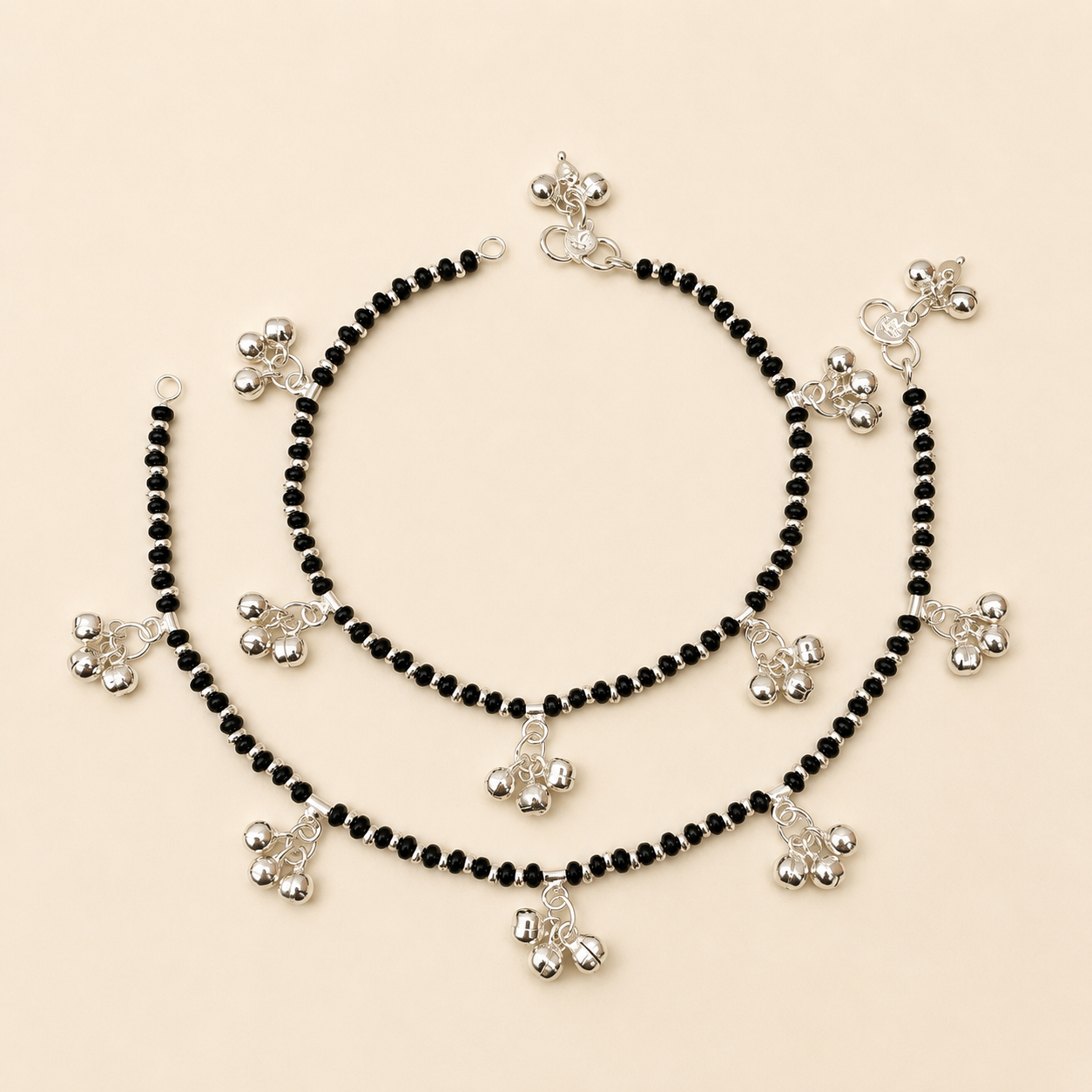 Silver Black Beads Anklet with Five Bunch of Ghughru for women