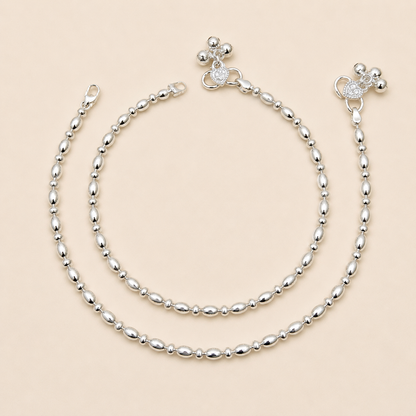 Silver Oval and Round Silver Beaded Anklet - Sleek and Minimal