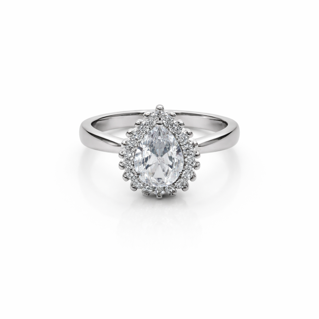 92.5 Pure Silver Halo Ring Tear Drop White