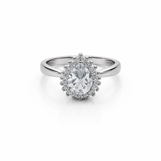 92.5 Pure Silver Halo Ring Tear Drop White