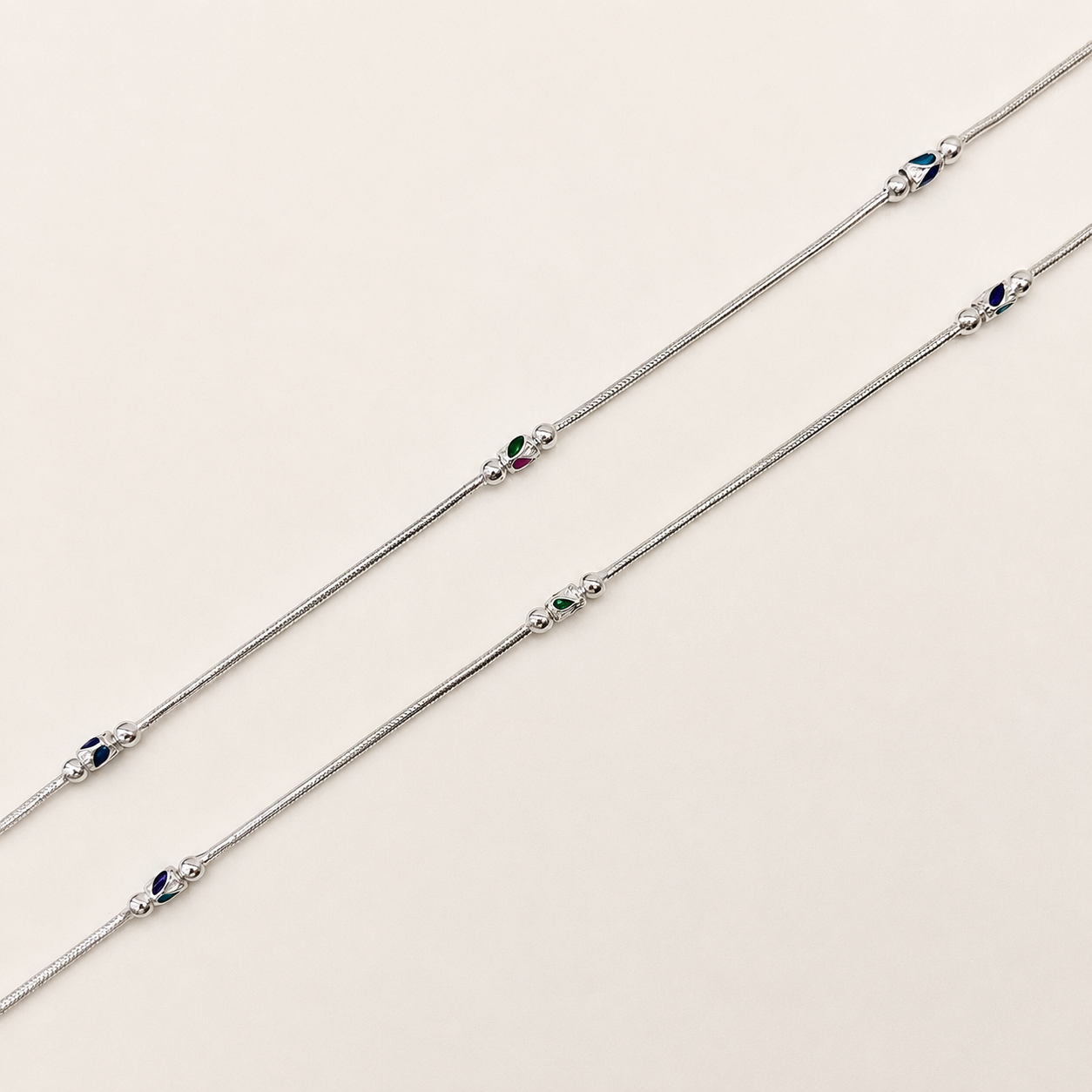 Silver Round Chain Anklet with Meena Beads