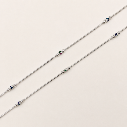 Silver Round Chain Anklet with Meena Beads