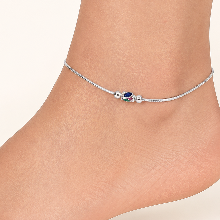 Silver Round Chain Anklet with Meena Beads