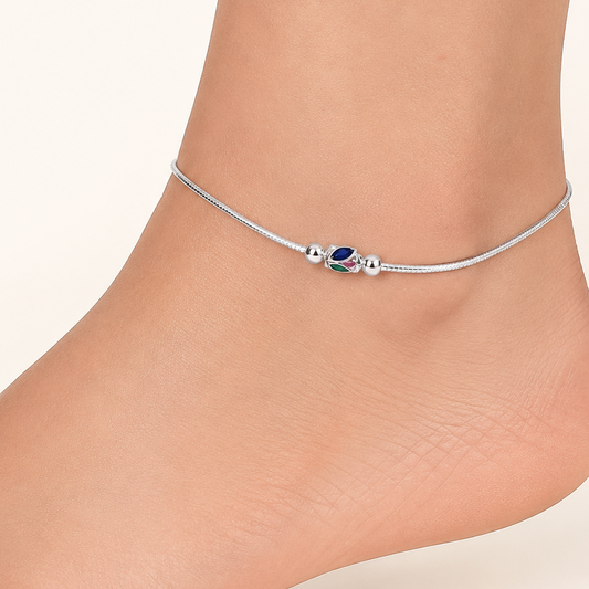 Silver Round Chain Anklet with Meena Beads