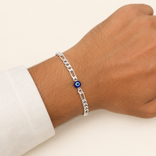 Silver Figaro Evil Eye Bracelet