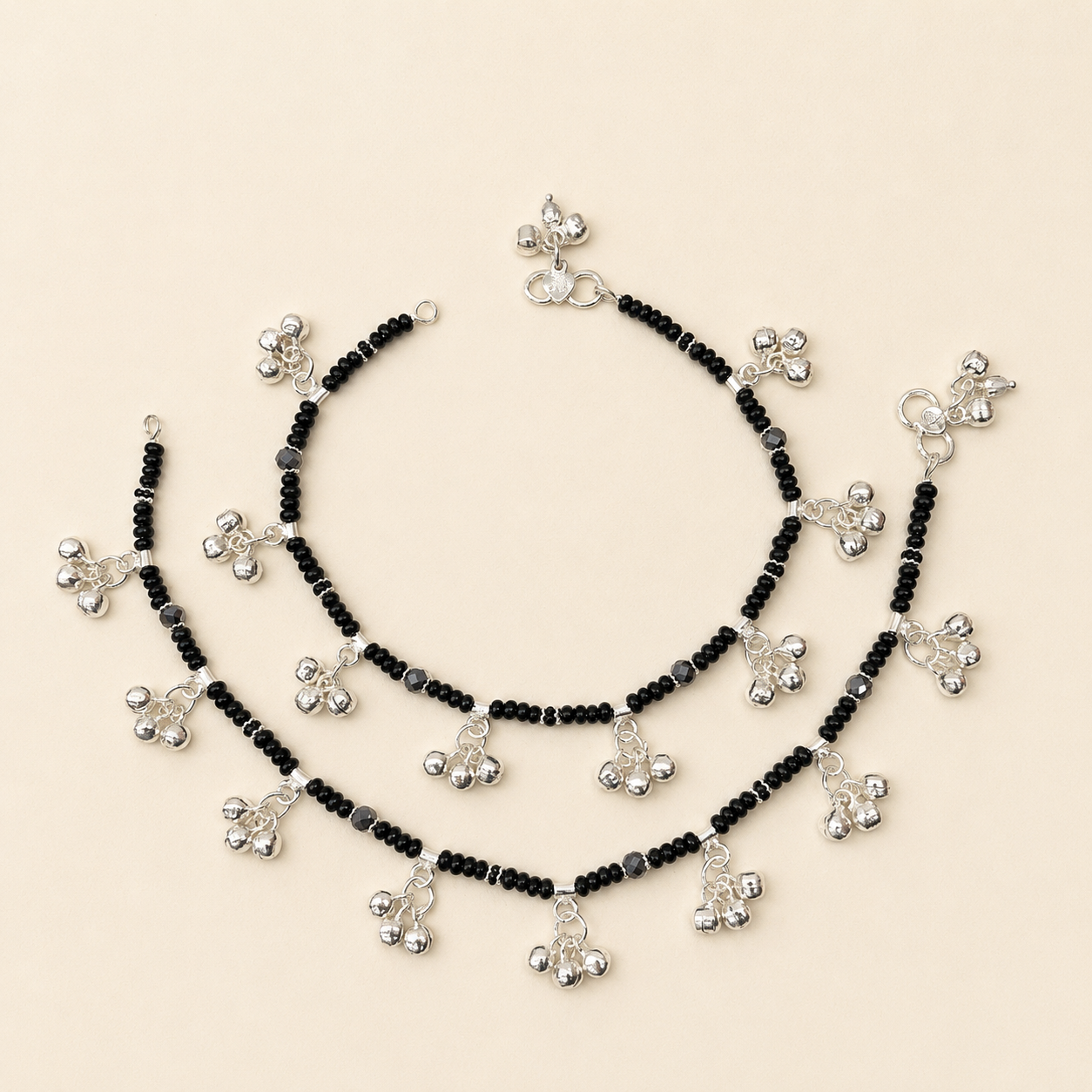 Silver Black Beads Anklet with Eight Bunch of Ghughru for Women