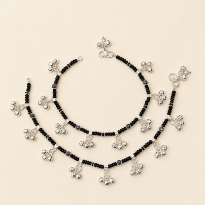 Silver Black Beads Anklet with Eight Bunch of Ghughru for Women