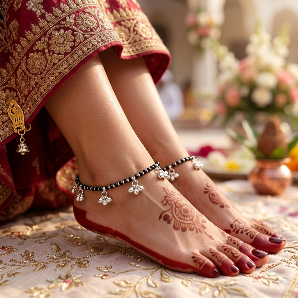Silver Black Beads Anklet with Five Bunch of Ghughru for women