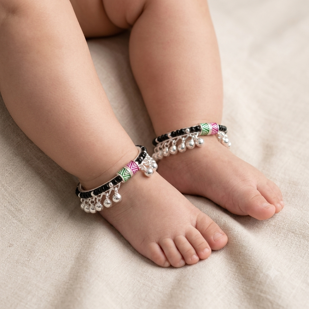 Silver 1.6 inch Black Beads Kids Kada Payal - Full Ghughru