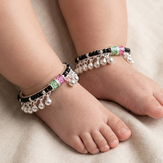 Silver 1.6 inch Black Beads Kids Kada Payal - Full Ghughru