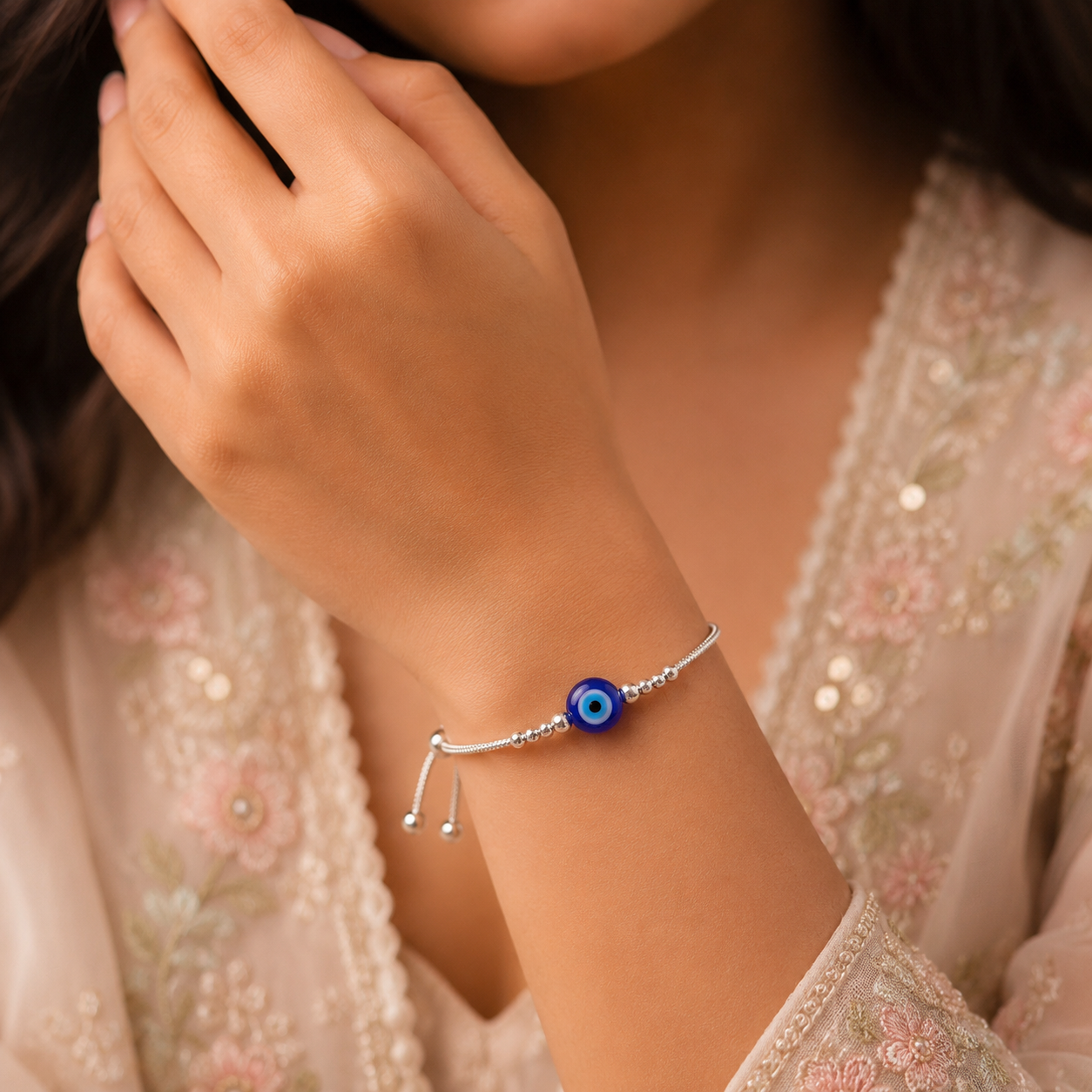 Silver Evil Eye Adjustable Bracelet