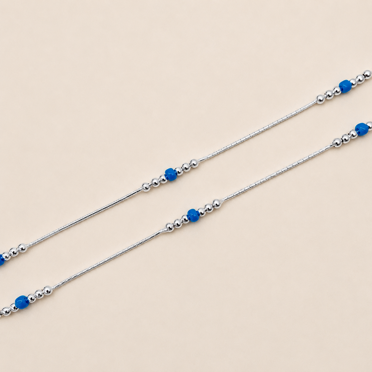 Silver Snake Chain Anklet with Sky Blue Beads for Girls - Modern & Minimal