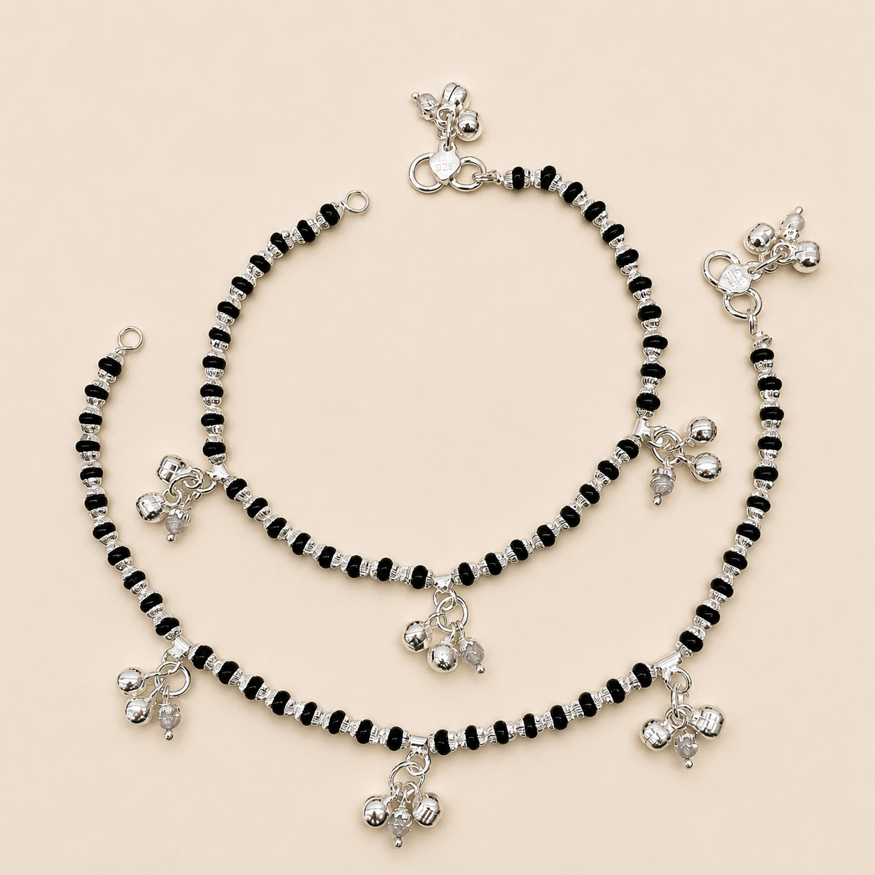 Silver Black Beads Anklet with Three Bunch of Ghughru