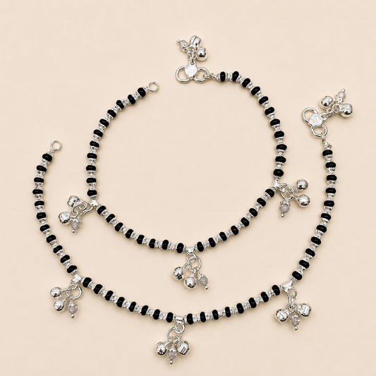 Silver Black Beads Anklet with Three Bunch of Ghughru