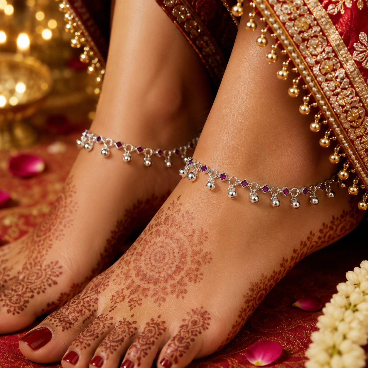 Silver Stunning Ruby Stone Anklet with Ghughru for Perfect Festive Vibes