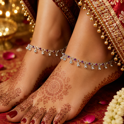 Silver Stunning Ruby Stone Anklet with Ghughru for Perfect Festive Vibes