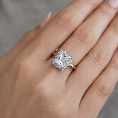 92.5 Pure Silver Halo Ring Rectangle White