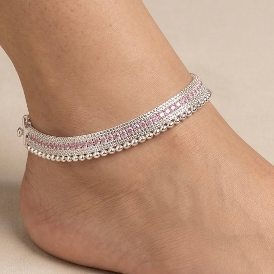 Silver Pink Cz Stones Bridal Anklet - Party Wear And Elegant