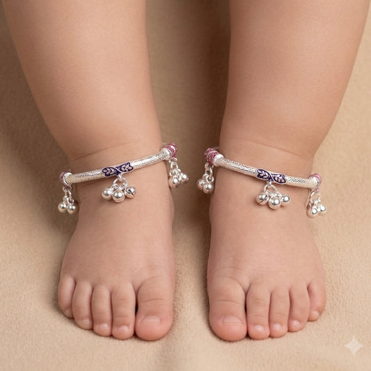 Silver 1.6 Inch Kids Kada Payal - Four Bunch of Ghughru