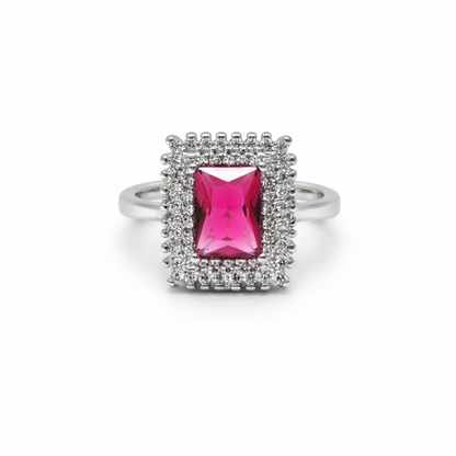 92.5 Pure Silver Halo Rings Ractangle Redish-Pink