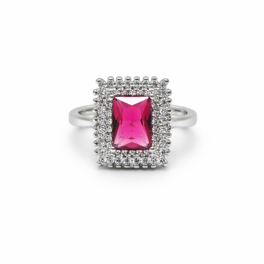 92.5 Pure Silver Halo Rings Ractangle Redish-Pink