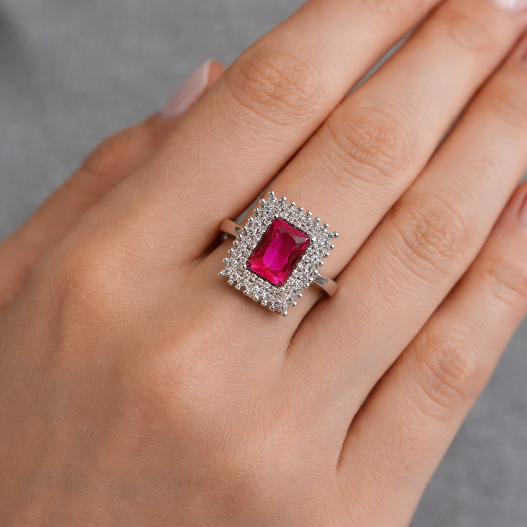 92.5 Pure Silver Halo Rings Ractangle Redish-Pink