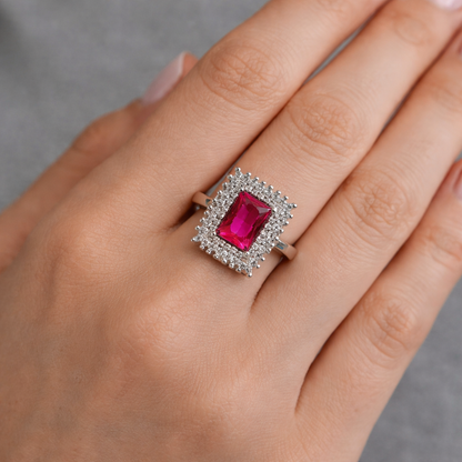 92.5 Pure Silver Halo Rings Ractangle Redish-Pink