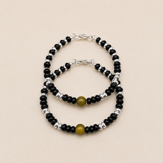 Silver Kids Nazariya with Olive Green Beads