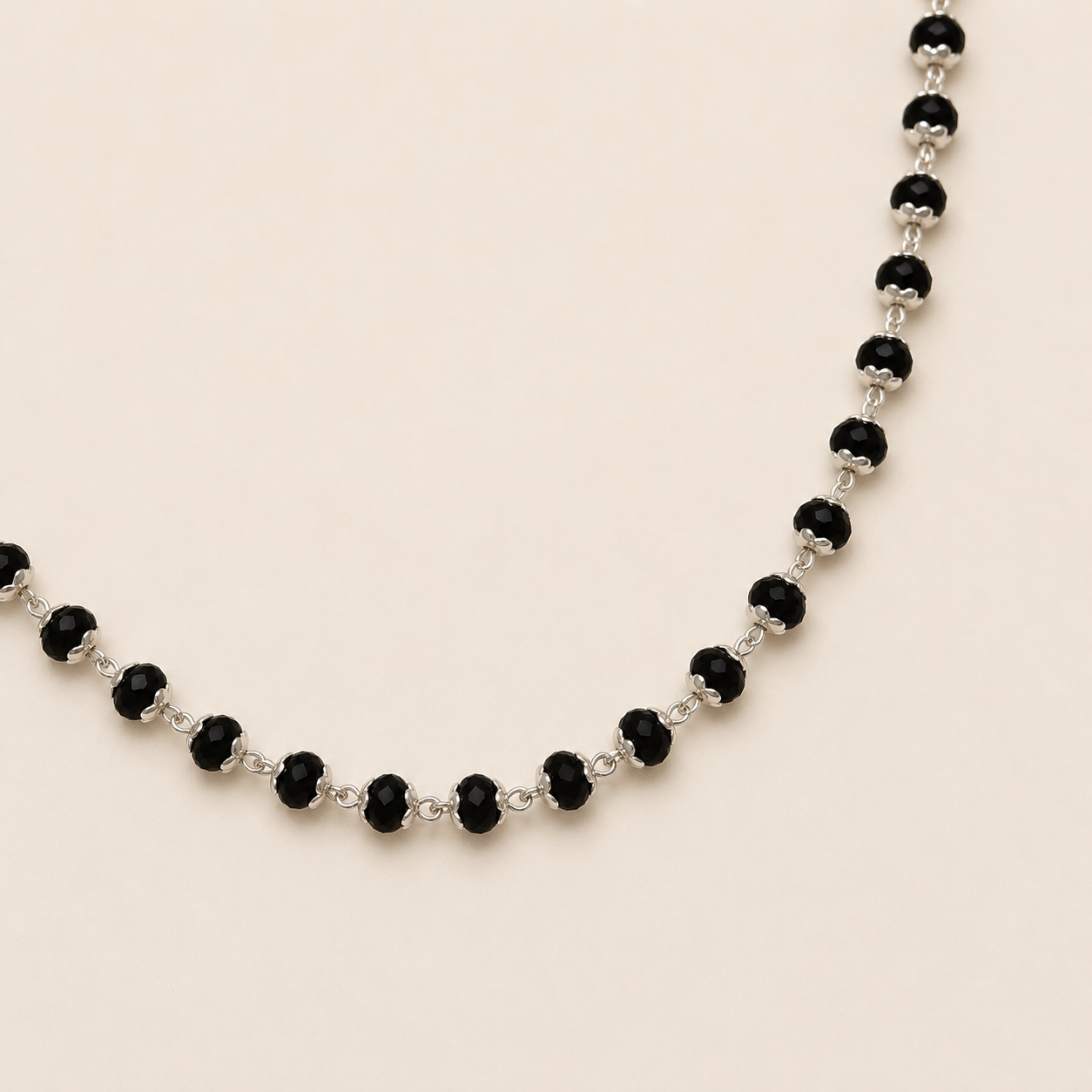 Silver Black Tulsi Beads Handmade Mala with Star Cut Cap