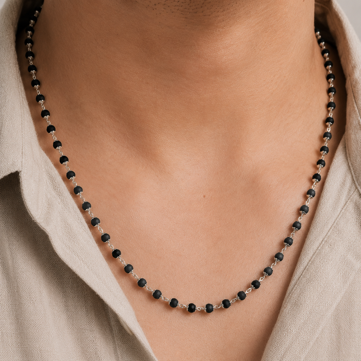 Silver Black Tulsi Beads Handmade Mala with Star Cut Cap
