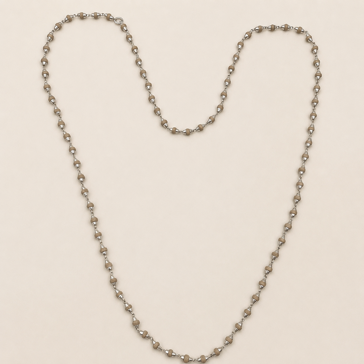 Silver Beige Tulsi Beads Handmade Mala With Plain Cap