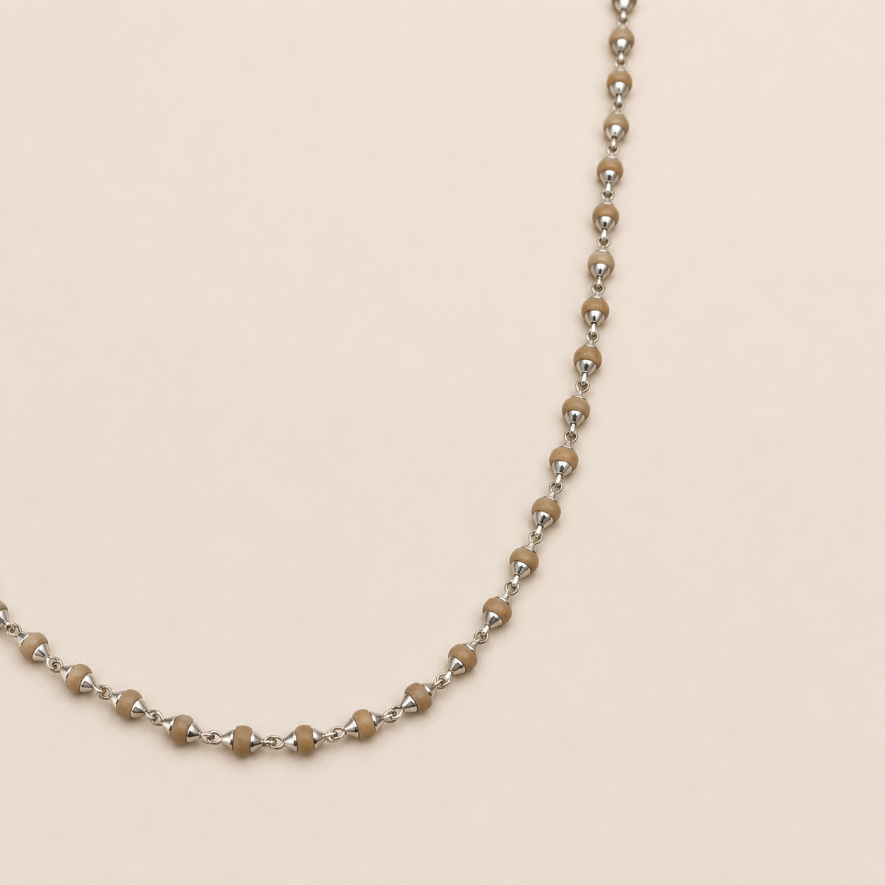 Silver Beige Tulsi Beads Handmade Mala With Plain Cap