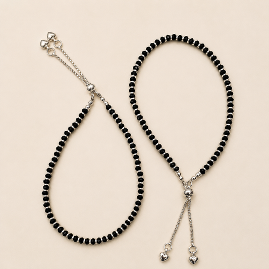 Silver Black Beads Adjustable Anklet