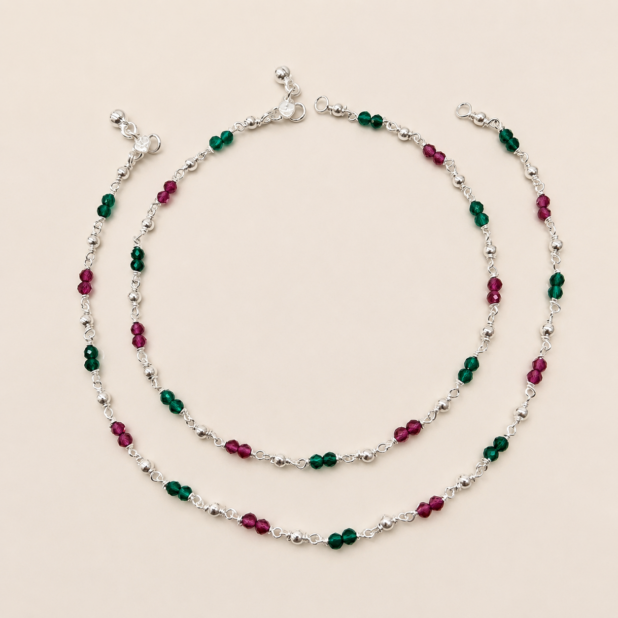 Silver Red Green Beads Handmade & Stylish Anklet