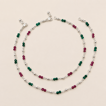 Silver Red Green Beads Handmade & Stylish Anklet