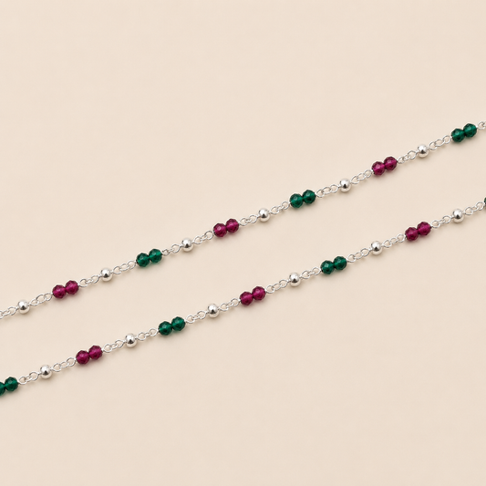Silver Red Green Beads Handmade & Stylish Anklet