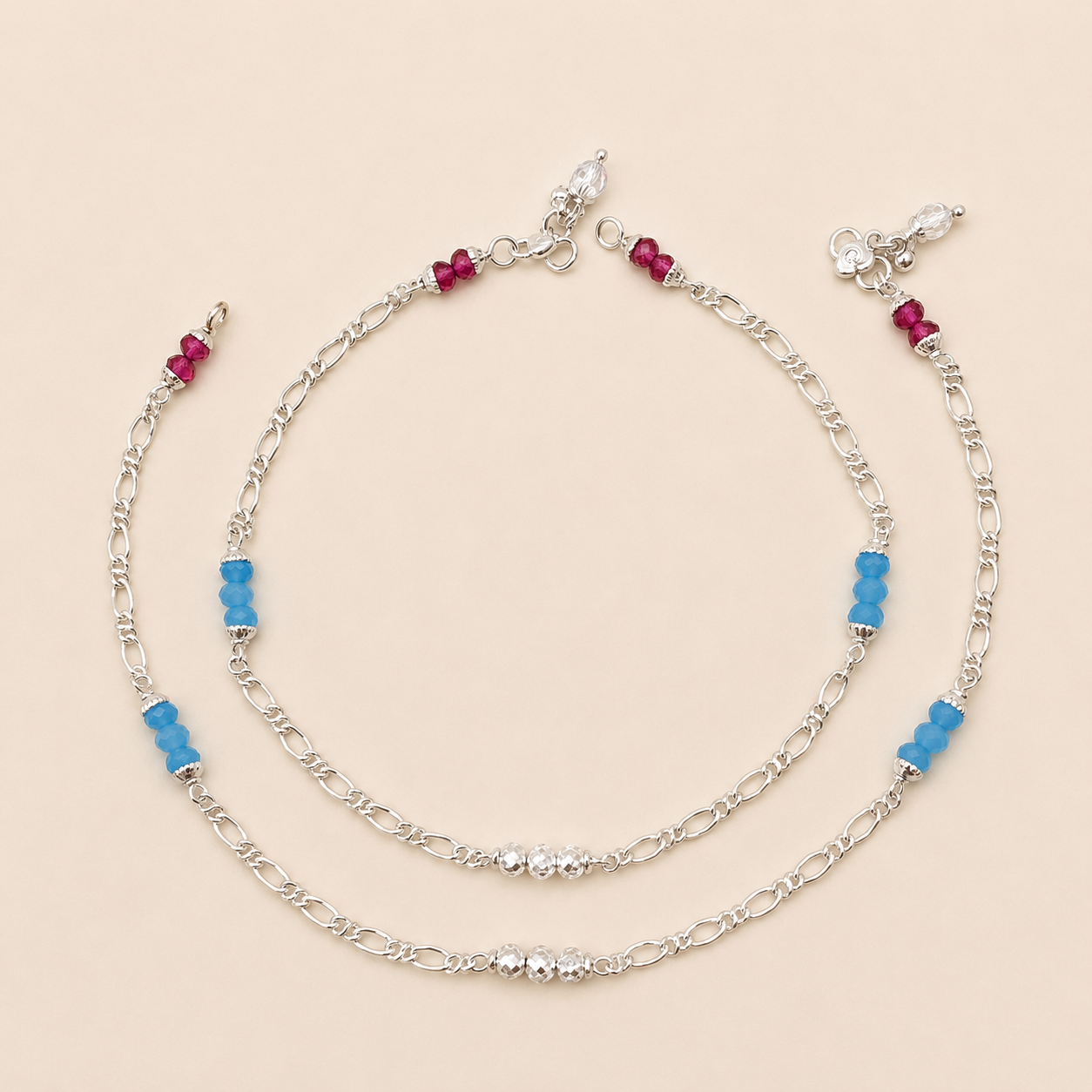 Silver Stylish Sky Blue and Red Beads Anklet for Modern Women
