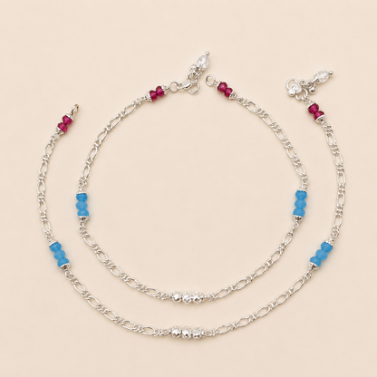 Silver Stylish Sky Blue and Red Beads Anklet for Modern Women