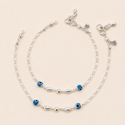 Silver Double Evil Eye Blue with CNC Balls Anklet