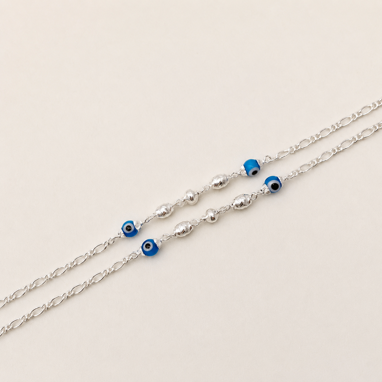 Silver Double Evil Eye Blue with CNC Balls Anklet