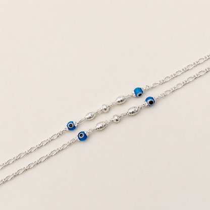 Silver Double Evil Eye Blue with CNC Balls Anklet