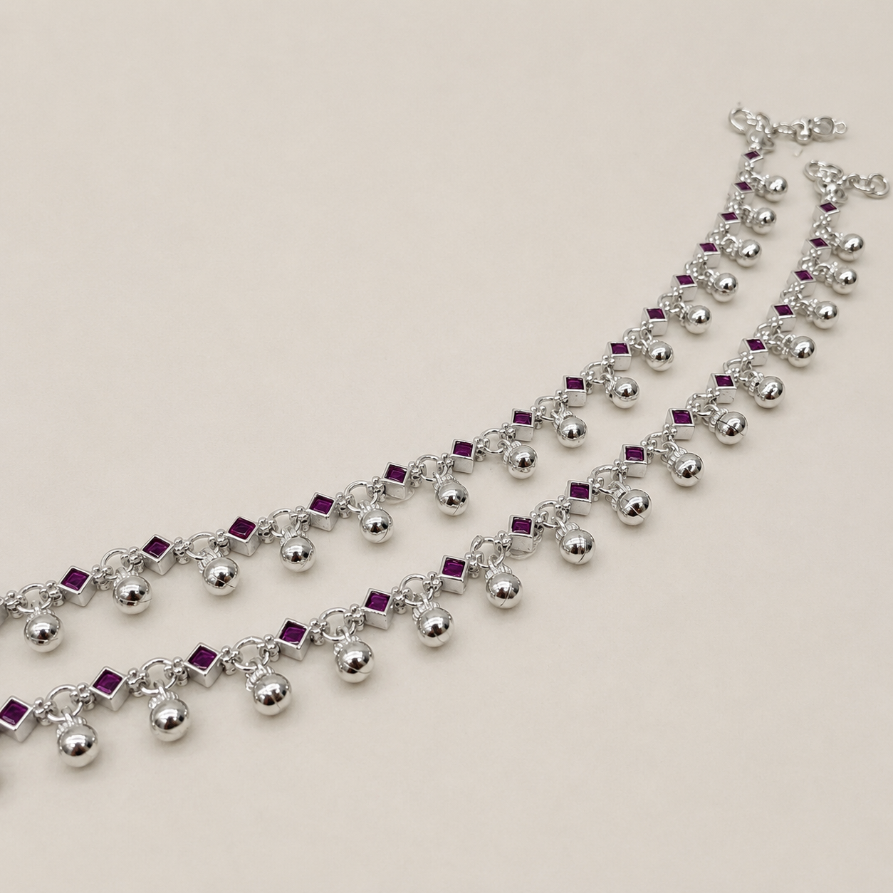Silver Stunning Ruby Stone Anklet with Ghughru for Perfect Festive Vibes