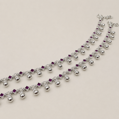 Silver Stunning Ruby Stone Anklet with Ghughru for Perfect Festive Vibes
