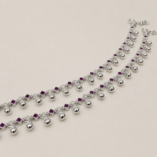 Silver Stunning Ruby Stone Anklet with Ghughru for Perfect Festive Vibes